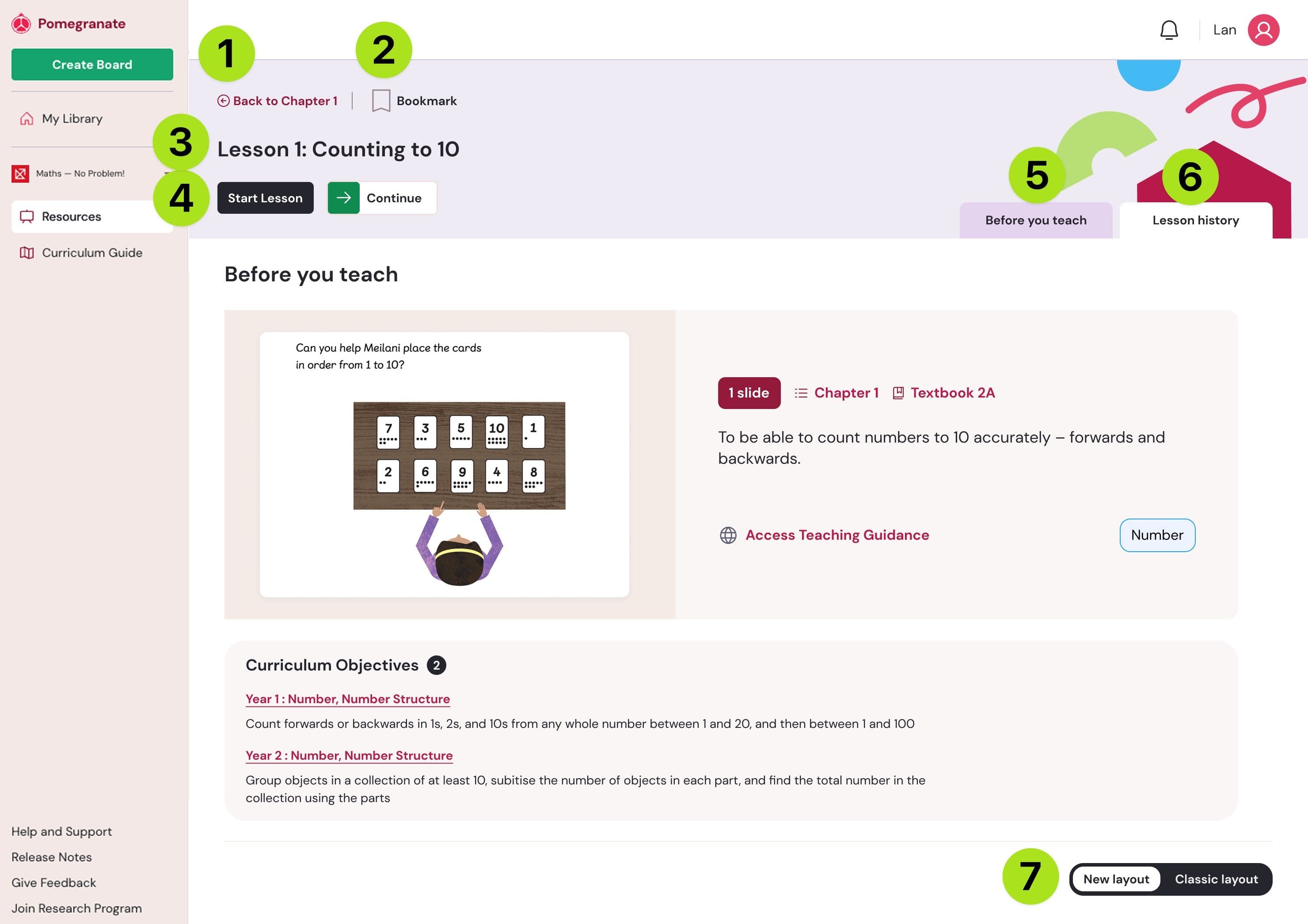 Screenshot of the Lesson Details page, Before You Teach tab, with numbered callouts 1–7.