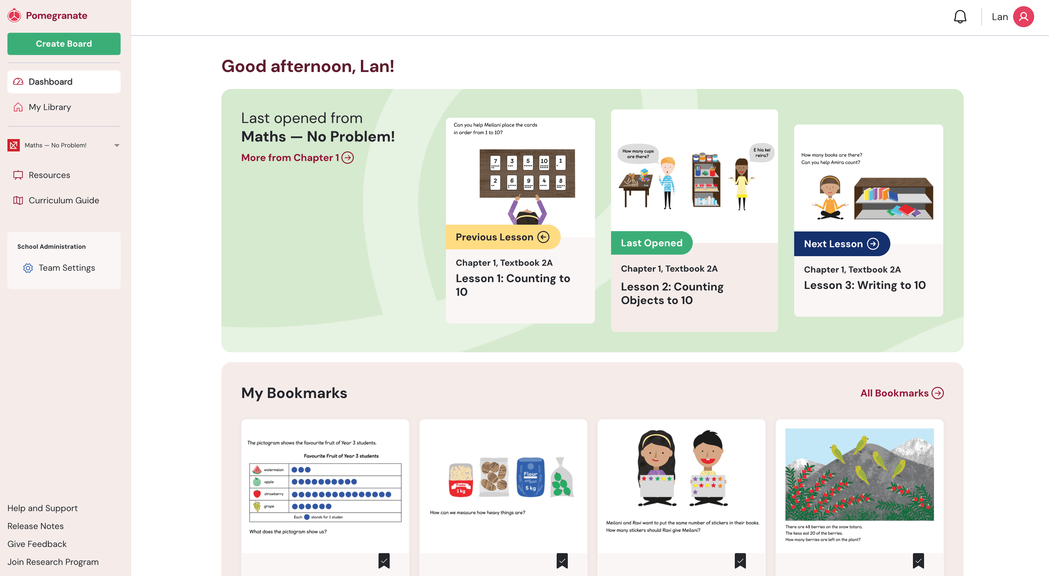 Screenshot of the Dashboard for an account with publisher resources access, showing the Last Opened lesson strip and My Bookmarks.