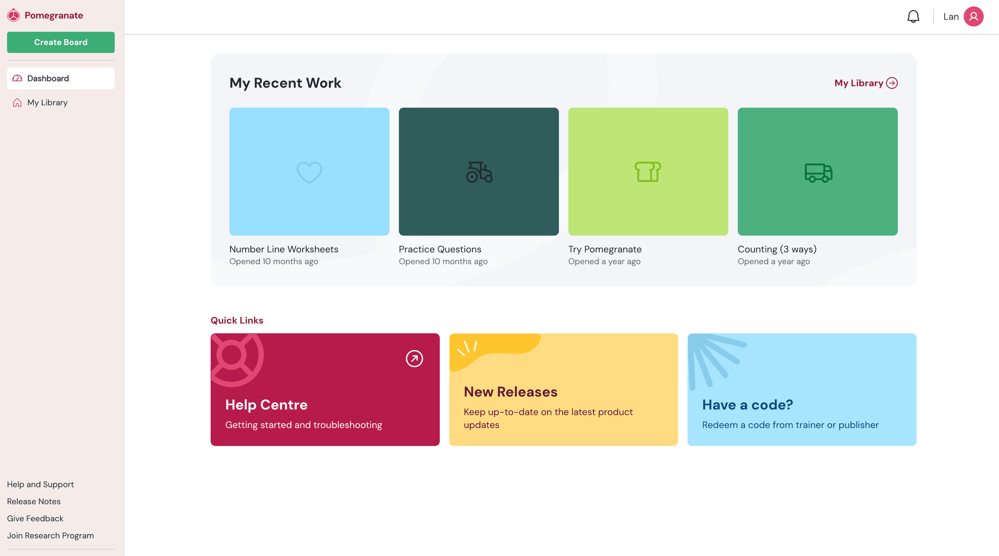 Screenshot of the Dashboard for a free account, showing My Recent Work and Quick Links.
