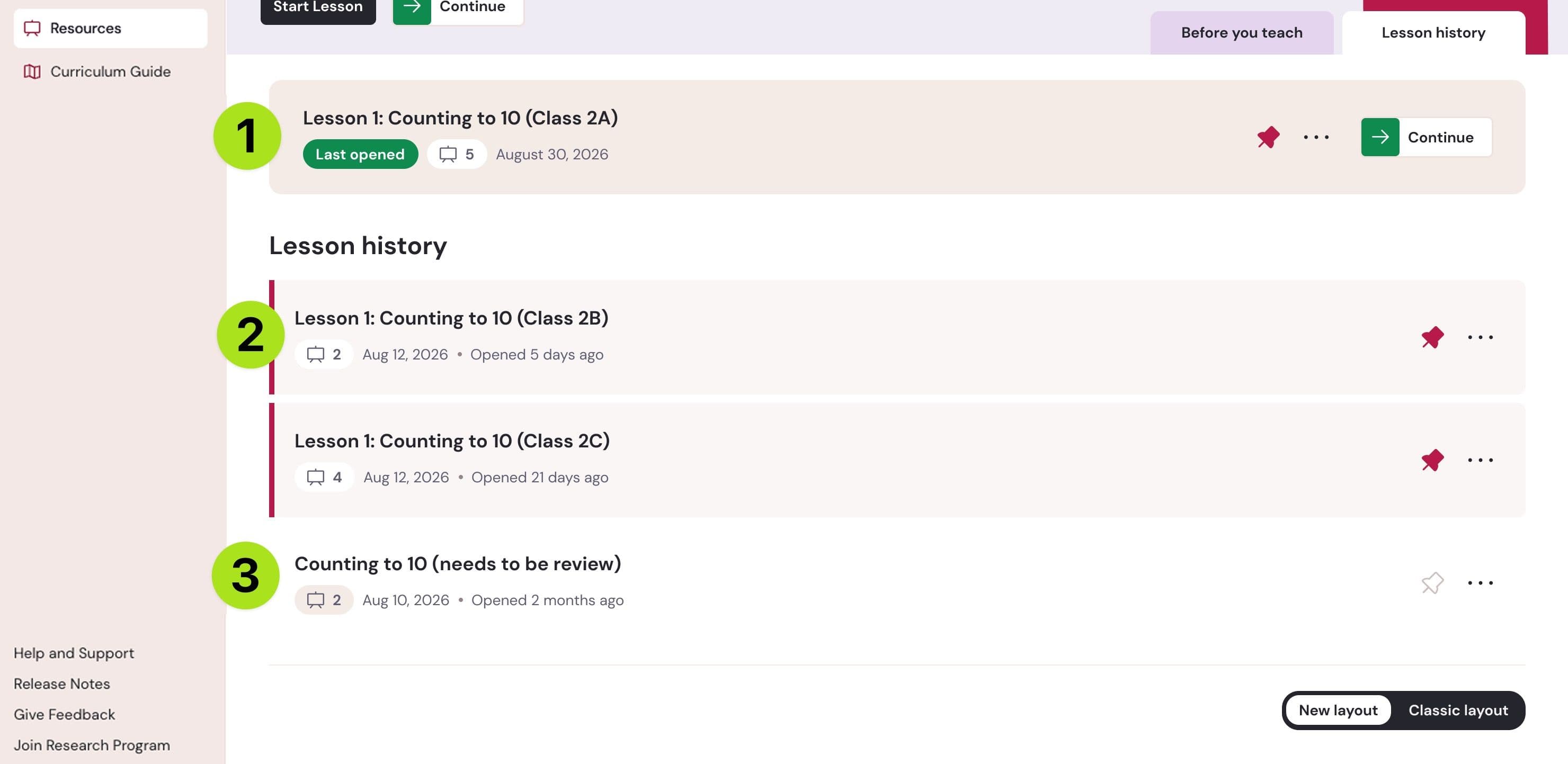 Screenshot of the Lesson Details page, Lesson History tab, with numbered callouts 1–3.